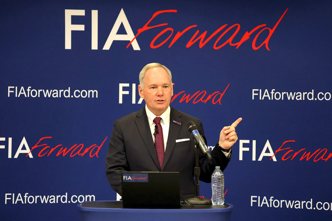Tim Mayer speaks during his FIA Forward campaign ahead of the FIA election 2025 press briefing in Austin.