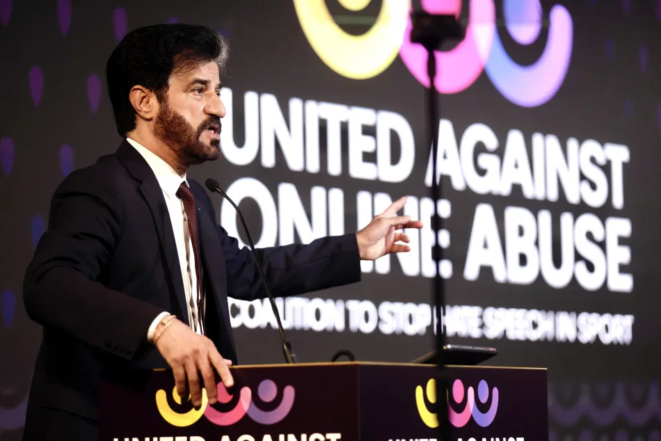 FIA President Mohammed Ben Sulayem speaking at the United Against Online Abuse event.