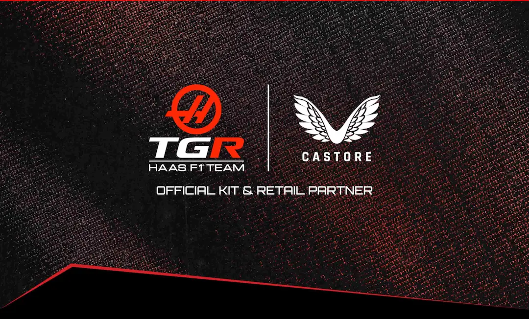 Haas Castore 2026 official announcement graphic showing TGR Haas F1 Team and Castore logos confirming the kit and retail partnership.