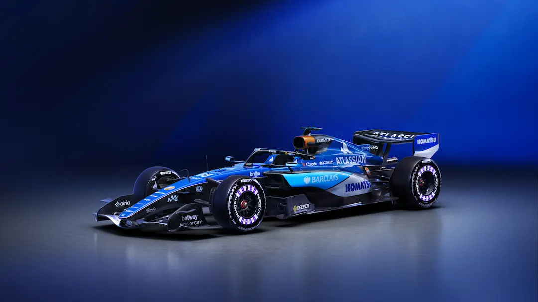 Williams FW48 livery displayed during the Atlassian Williams F1 Team launch on February 3, 2026 in Wantage, England, showing the gloss blue livery with heritage red and white keyline and new partner branding. © Atlassian Williams F1 Team