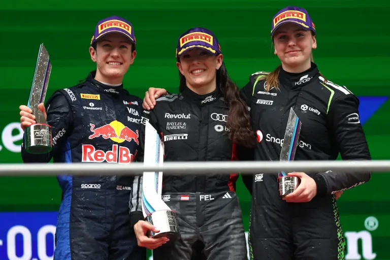 F1 Academy Shanghai Race 2 2026 podium with Emma Felbermayr, Alisha Palmowski and Payton Westcott at Shanghai International Circuit. © Getty Images