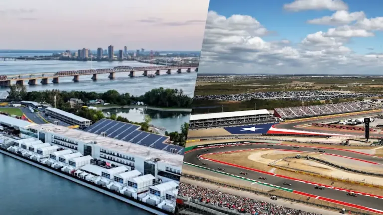 F1 Academy Opening Race format visual showing Circuit Gilles Villeneuve Montreal and Circuit of the Americas Austin layouts from aerial view © F1 Academy