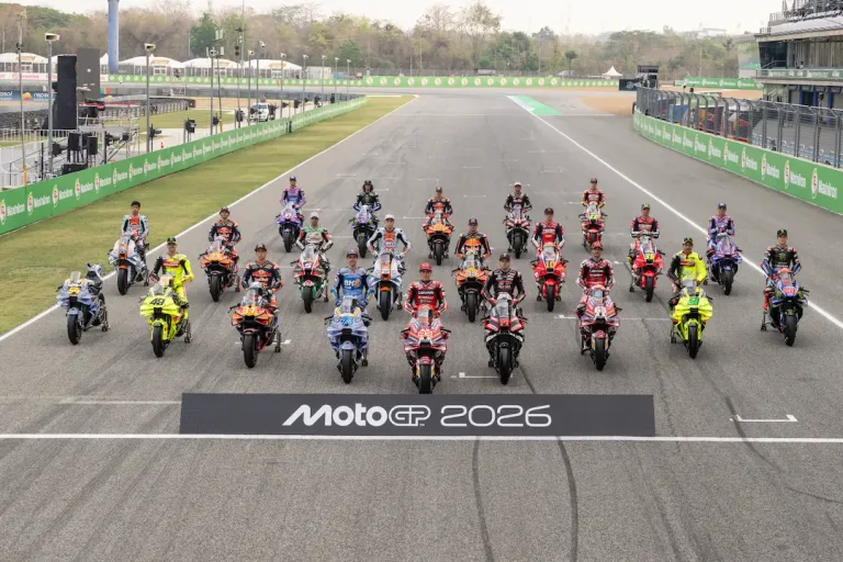 MotoGP Grand Prix Commission decisions 2026 grid photo showing the full MotoGP field lined up on the start-finish straight. © MotoGP