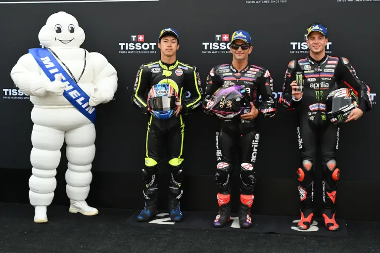 MotoGP Dutch TT 2026 Qualifying front row with Ai Ogura, Jorge Martin and Marco Bezzecchi