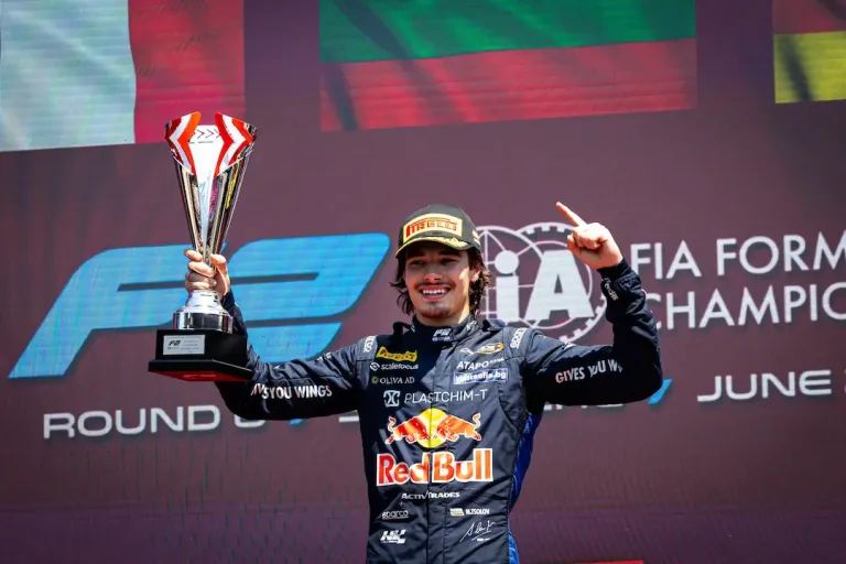 Nikola Tsolov celebrates with trophy after winning the F2 Austrian Feature Race 2026 at the Red Bull Ring in Spielberg. © Dutch Photo Agency / Red Bull Content Pool