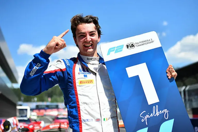 F2 Austrian Sprint Race 2026 winner John Bennett celebrates his maiden Formula 2 victory at Spielberg with the number one board