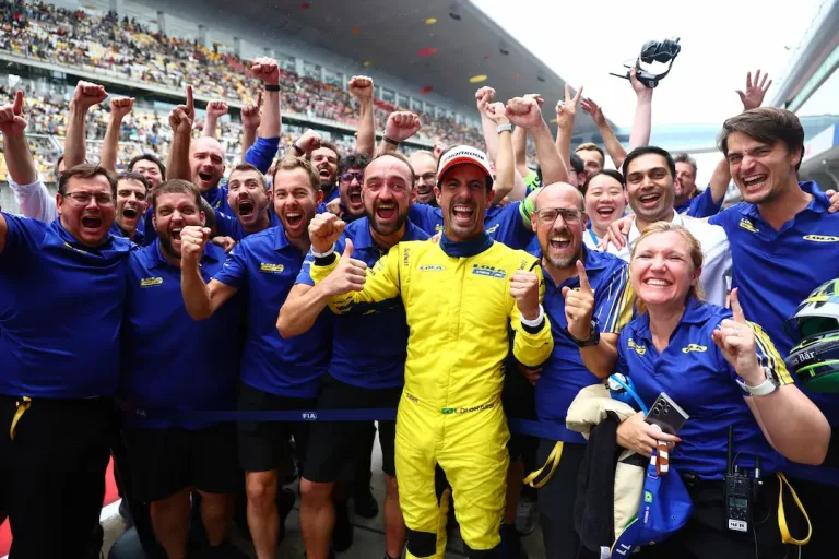 Lucas di Grassi celebrates with the Lola Yamaha ABT team after winning Shanghai E-Prix Round 13 in Formula E. © Formula E