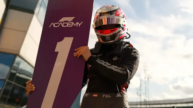 Emma Felbermayr holds the number one board after winning the F1 Academy Silverstone 2026 Reverse Grid Race at Silverstone
