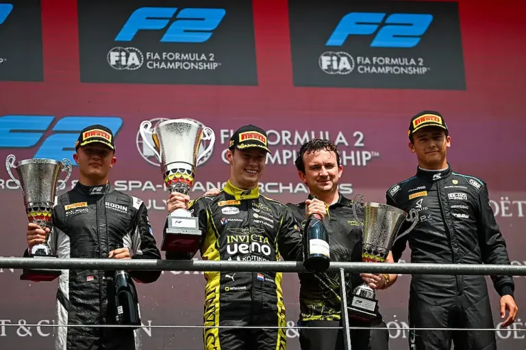 F2 Belgian Grand Prix 2026 Sprint Race podium at Spa with Joshua Duerksen celebrating victory alongside Martinius Stenshorne and Dino Beganovic © Getty Images/F2