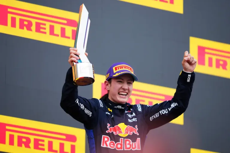 Alisha Palmowski celebrates on the podium after winning the F1 Academy Silverstone 2026 Feature Race at Silverstone. © Getty Images / Red Bull Content Pool