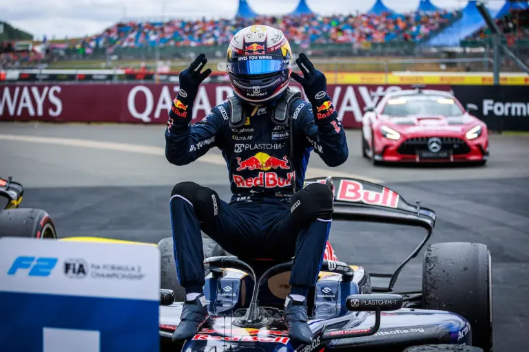 Nikola Tsolov celebrates on his Campos Racing car after winning the F2 Silverstone Feature Race 2026 at Silverstone. © Dutch Photo Agency / Red Bull Content Pool