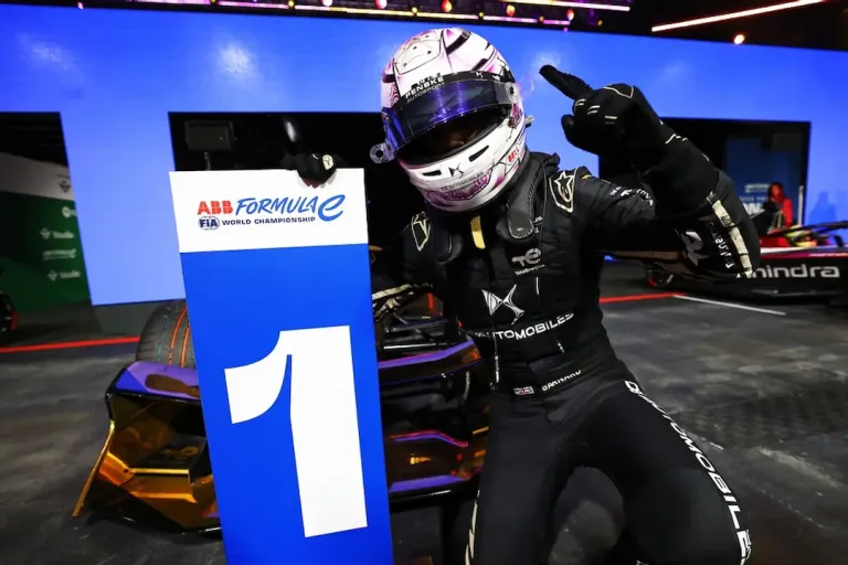 2026 London E-Prix Round 17 winner Taylor Barnard celebrates his first Formula E victory for DS Penske in parc fermé at ExCeL London