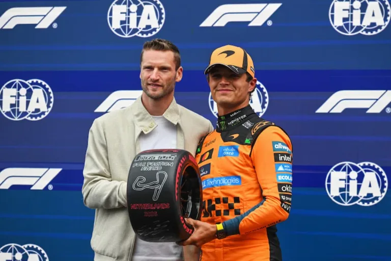 Dutch Grand Prix 2026 qualifying pole sitter Lando Norris receives the Pirelli Pole Position Award from Maro Engel at Zandvoort © Pirelli Motorsport