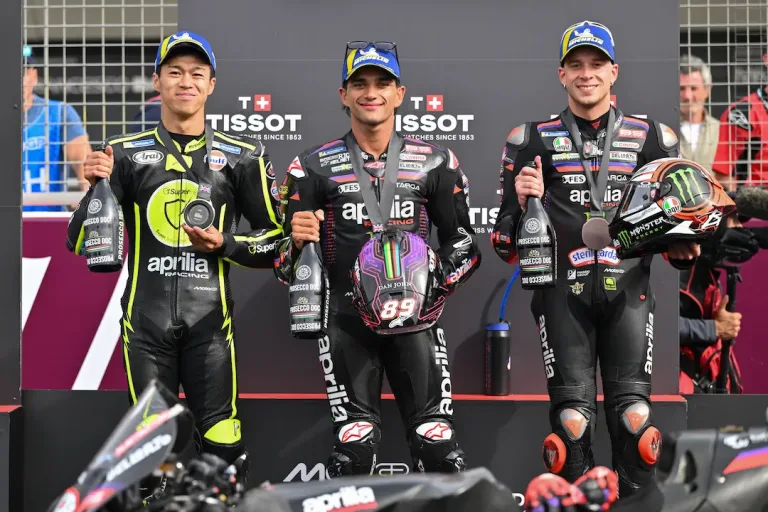 MotoGP British Grand Prix 2026 Aprilia Sprint podium with Ai Ogura, Jorge Martin and Marco Bezzecchi © MotoGP
