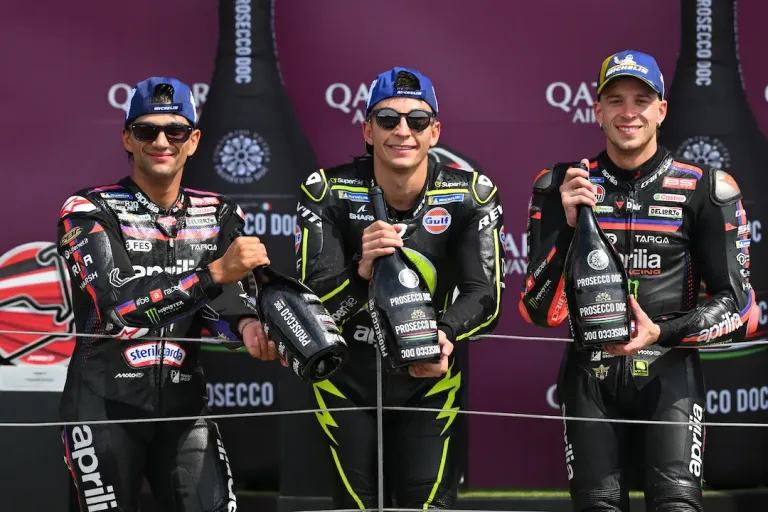 British Grand Prix 2026 podium with Raul Fernandez, Jorge Martin and Marco Bezzecchi at Silverstone © MotoGP