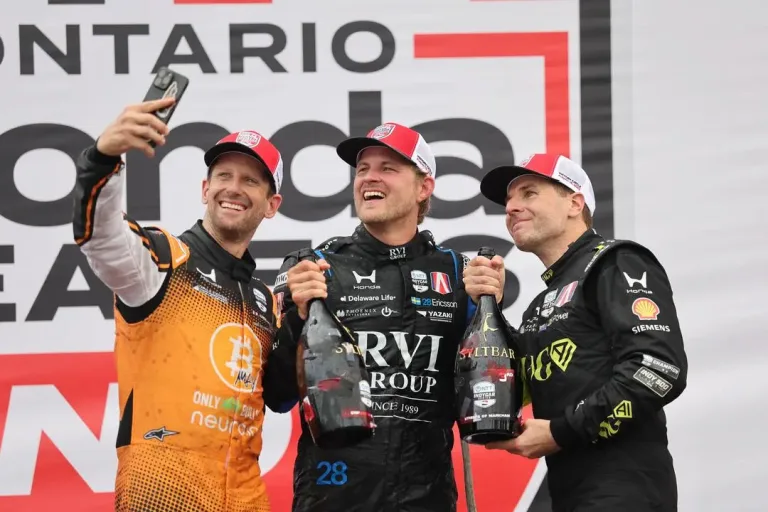 Markham IndyCar 2026 podium with Romain Grosjean, Marcus Ericsson and Will Power © Penske Entertainment / Chris Owens