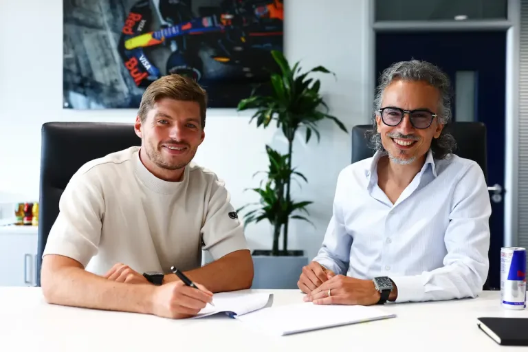 Max Verstappen Red Bull 2030 contract extension with Laurent Mekies in Milton Keynes © Mark Thompson/Getty Images / Red Bull Content Pool