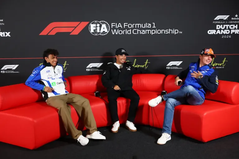 Dutch Grand Prix 2026 media day – Arvid Lindblad, Sergio Perez and Max Verstappen during the drivers’ press conference at Zandvoort © Getty Images / Red Bull Content Pool