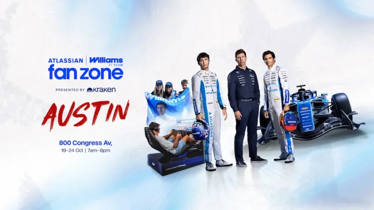 Williams F1 Fan Zone Austin promotional graphic with Williams drivers, team personnel and FW48 show car at 800 Congress Avenue © Atlassian Williams F1 Team